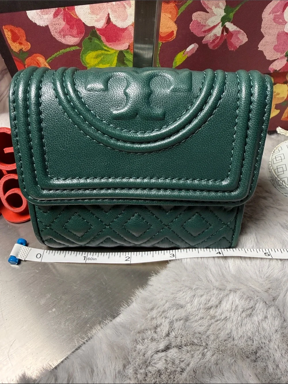 Tory Burch Emerald Green Quilted Leather Mini Wallet